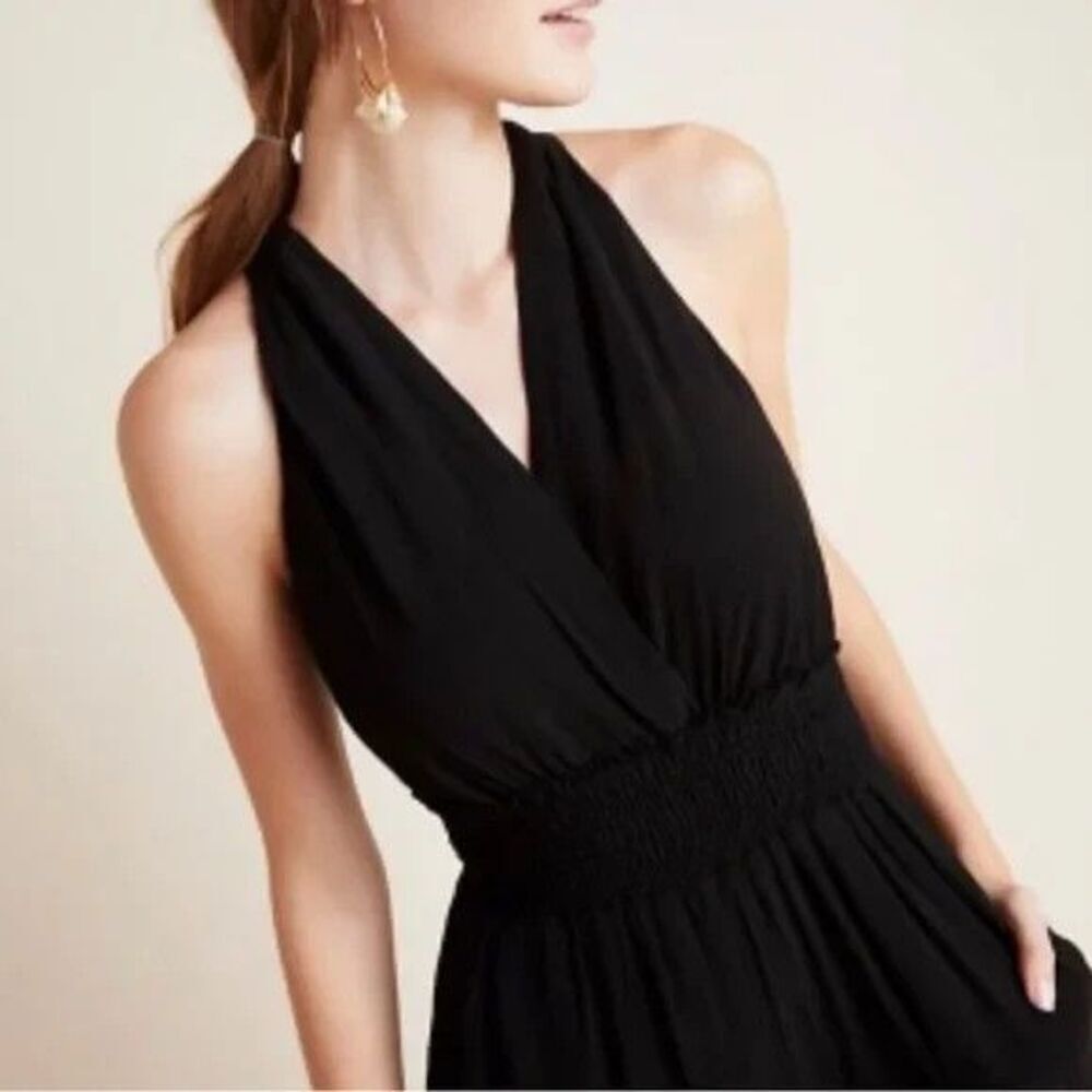 Anthropologie Jumpsuit Bionda Plisse Smocked Waist Wide Leg Black Size XS Boho - Picture 3 of 14